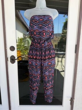 Strapless Printed Jumpsuit in Black & Purple